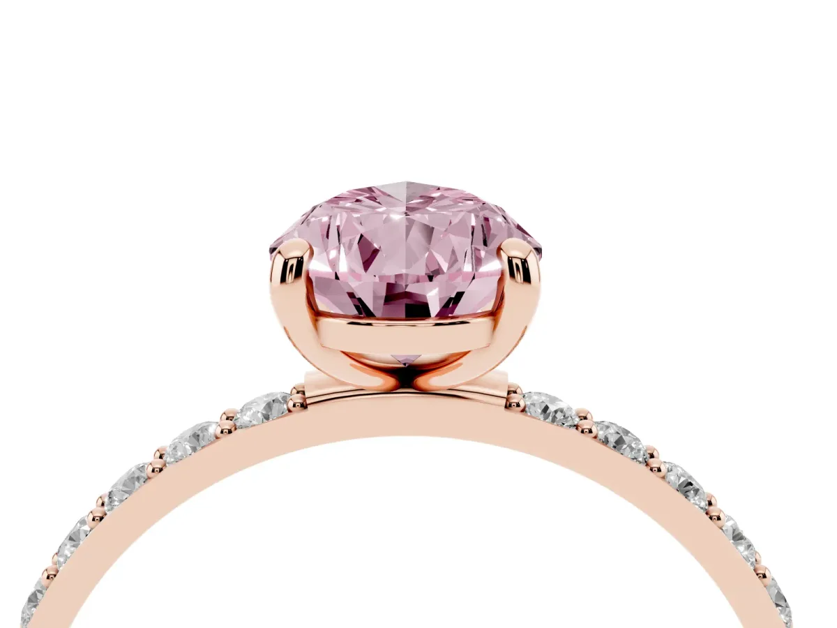 Fancy Pink Pear Cut Diamond Solitaire Ring with Round Pavé Band and Prong Setting Rose gold