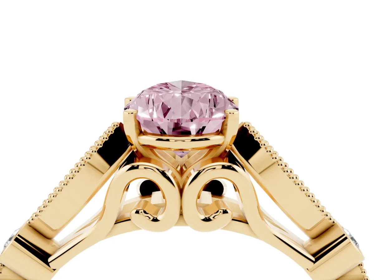 Fancy Pink Pear Cut Cut Diamond with Milgrain Marquise and Bezel Accents on a Solitaire Band with Prong Setting Yellow gold