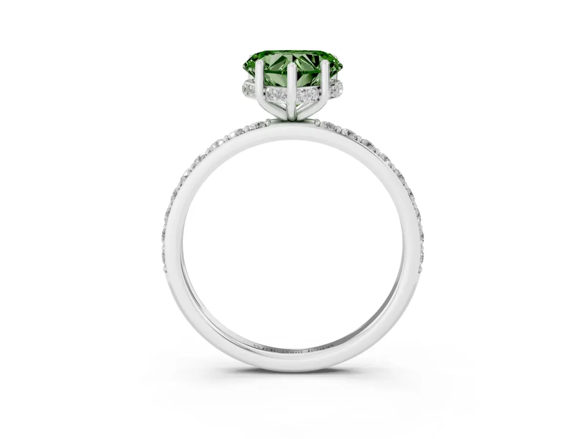 Fancy Green Heart Cut Diamond Solitaire Ring with Pavé Band and Hidden Halo Silver