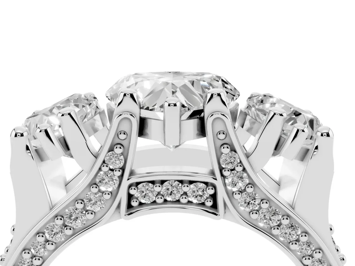 Heart Cut Diamond Three-Stone Ring with Channel Set Band and Four-Prong Setting Silver