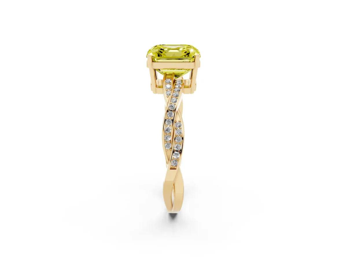 Fancy Yellow Asscher Cut Solitaire Twisted Pave Diamond Ring with Four-Prong Setting Yellow gold