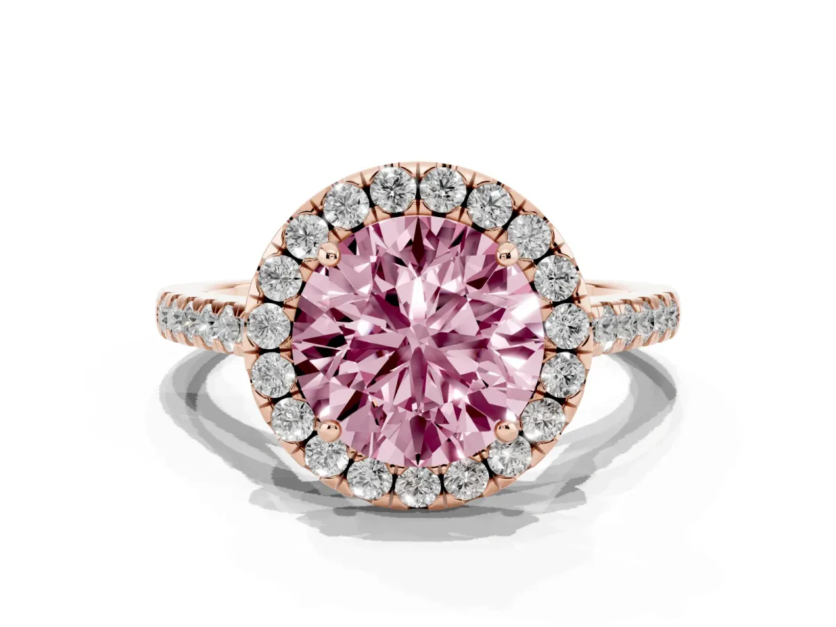 Fancy Pink Round Cut Halo Pave Diamond Engagement Ring with Four-Prong Setting Rose gold