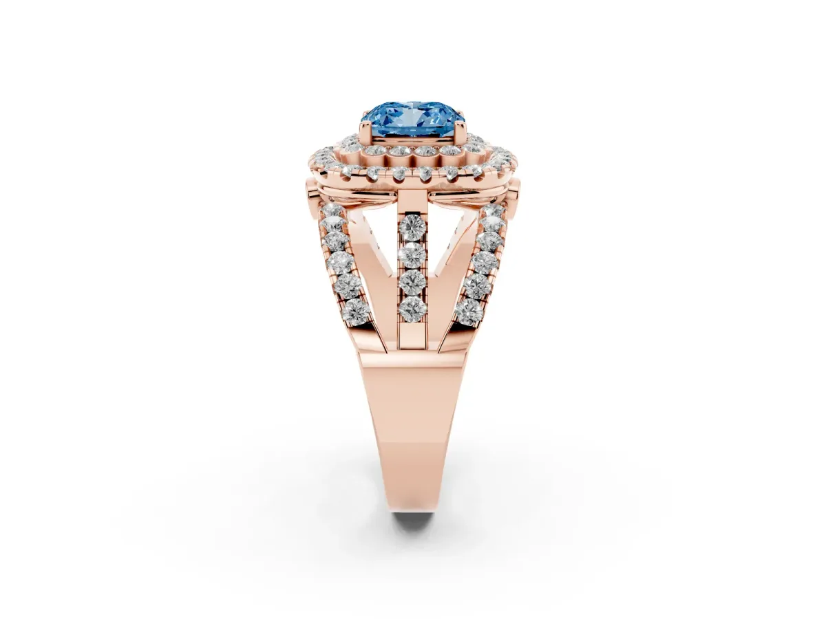 Fancy Blue Cushion Cut Diamond Double Halo Ring with Round Pavé Split Shank and Prong Setting Rose gold