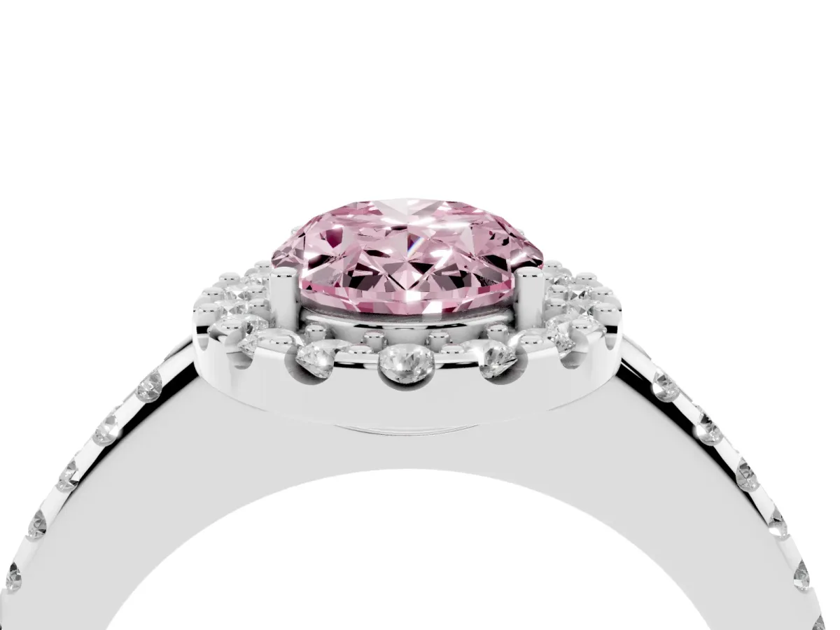Fancy Pink Oval Cut Diamond Pavé Halo Ring with Four-Prong Setting Silver