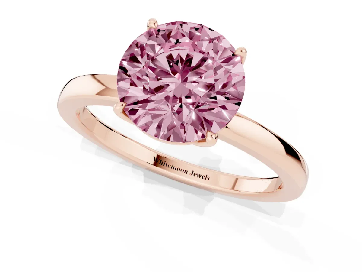 Fancy Pink Round Cut Diamond Solitaire Ring with Thin Band and Prong Setting Rose gold
