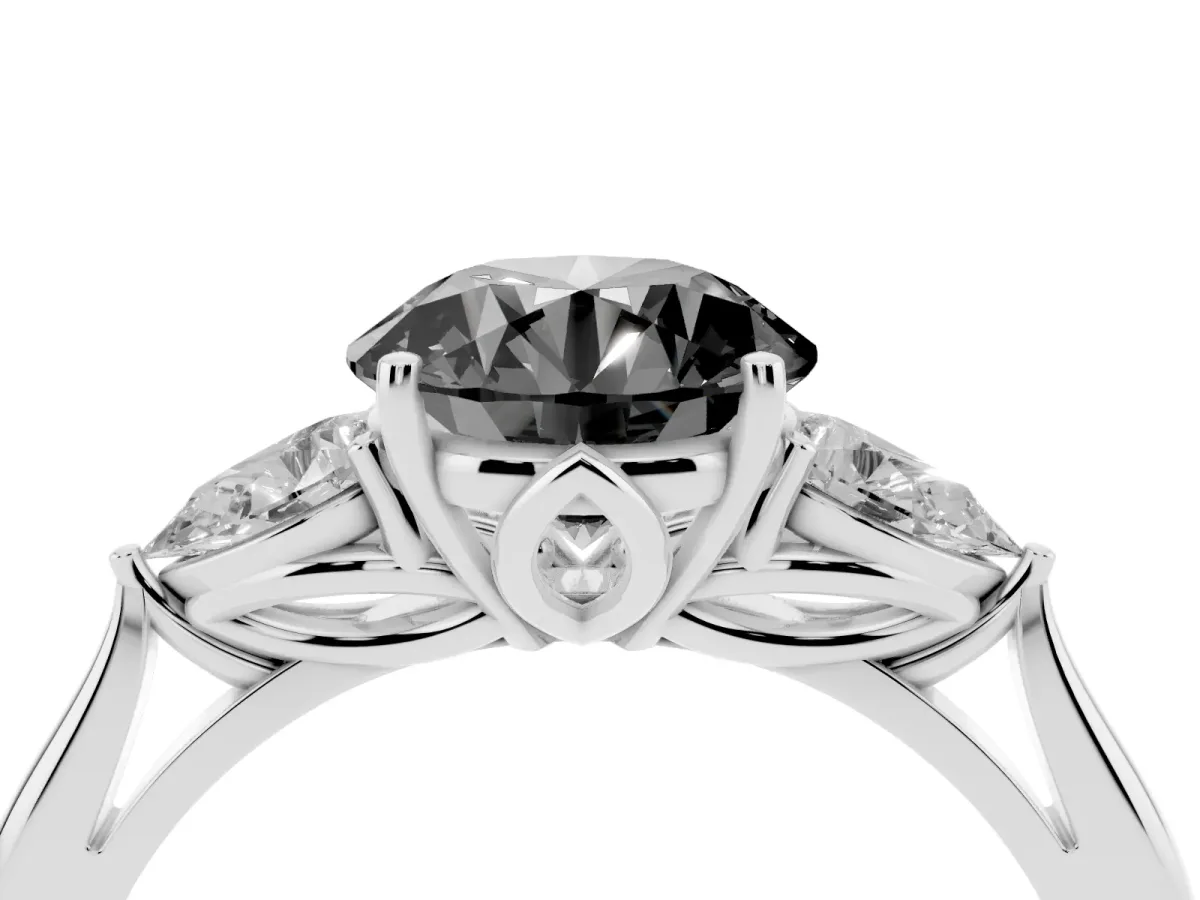 Fancy Black Round Cut Diamond Three-Stone Ring with Pear Side Stones and Prong Setting Platinum
