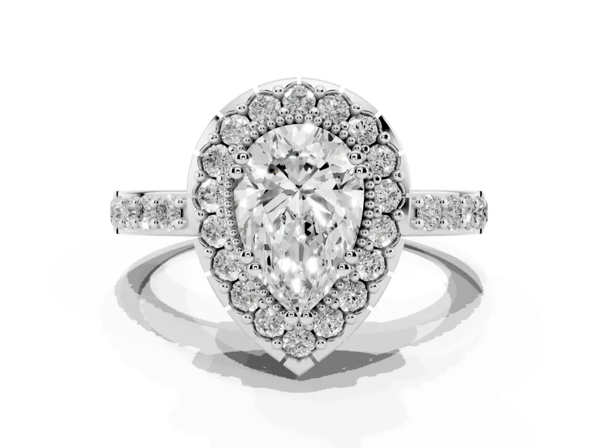 Pear Cut Diamond Halo Ring with Pavé Band and Prong Setting Silver