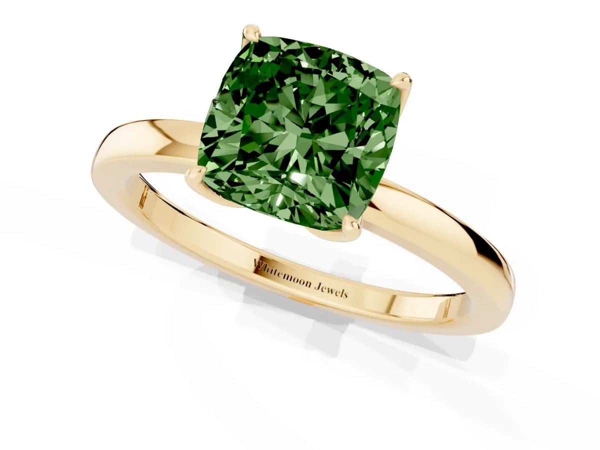 Fancy Green Cushion Cut Diamond Solitaire Ring with Thin Band and Prong Setting Yellow gold