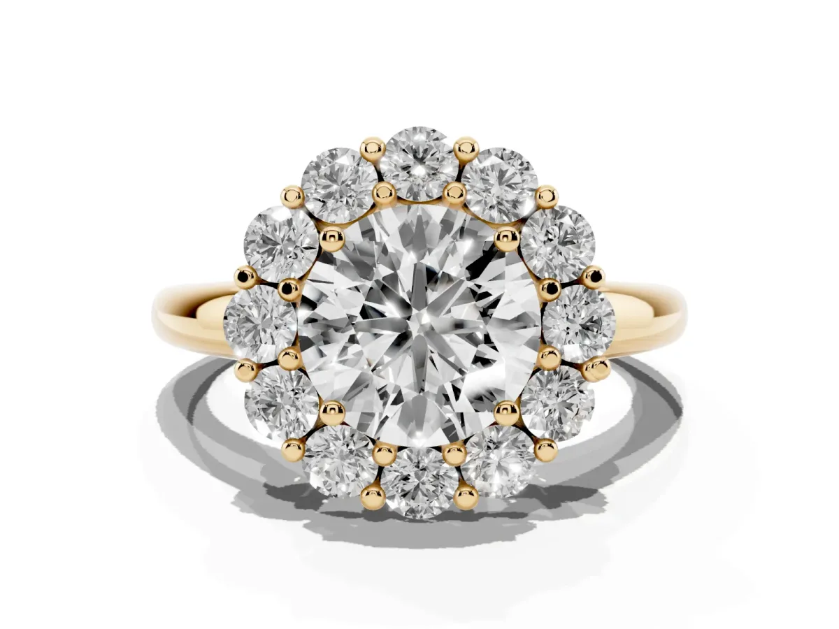 Round Cut Halo Cluster Diamond Engagement Ring with Prong Setting and Polished Band Yellow gold