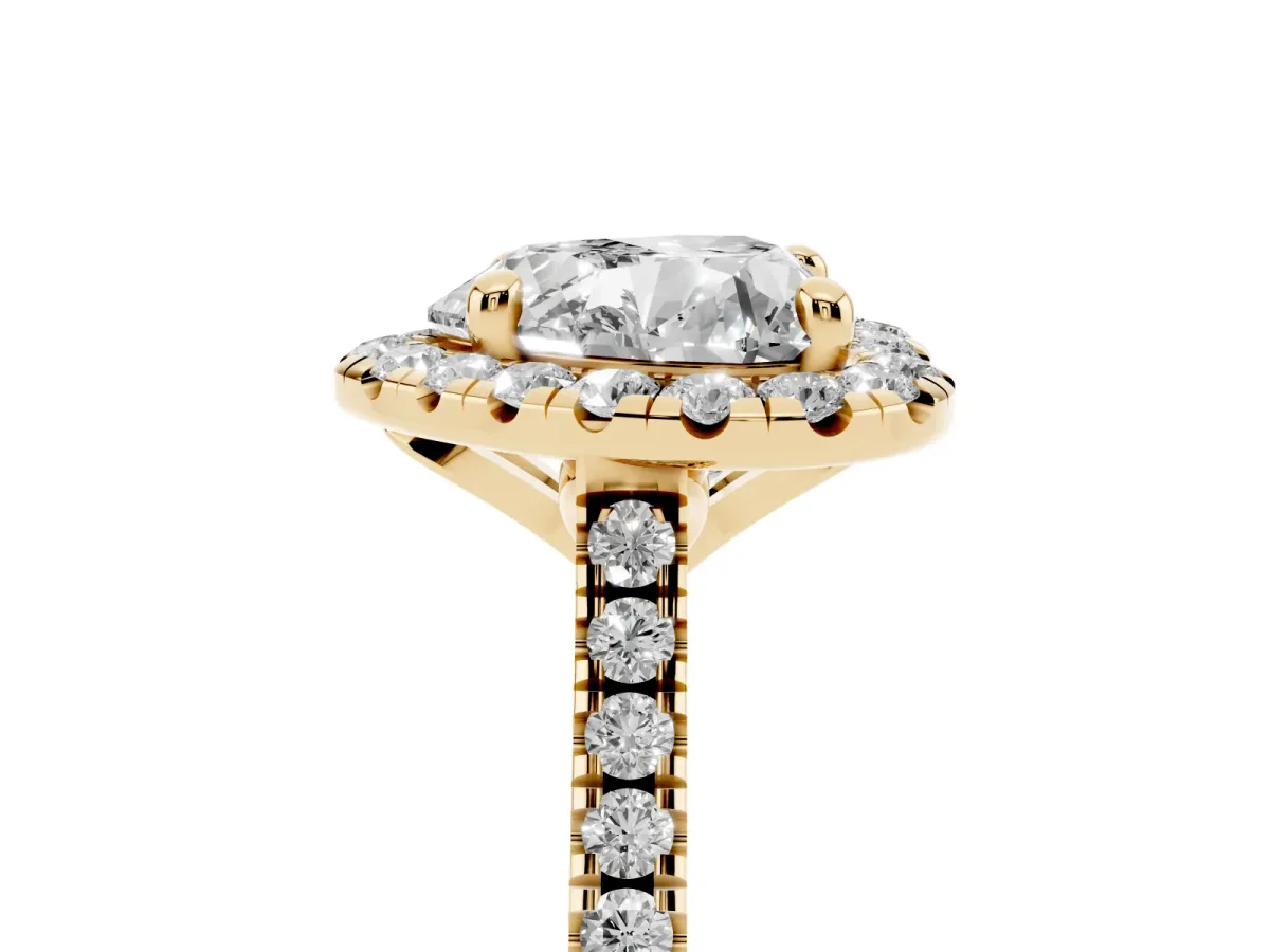 Heart Cut Diamond Cushion Halo Ring with Pavé Band Yellow gold