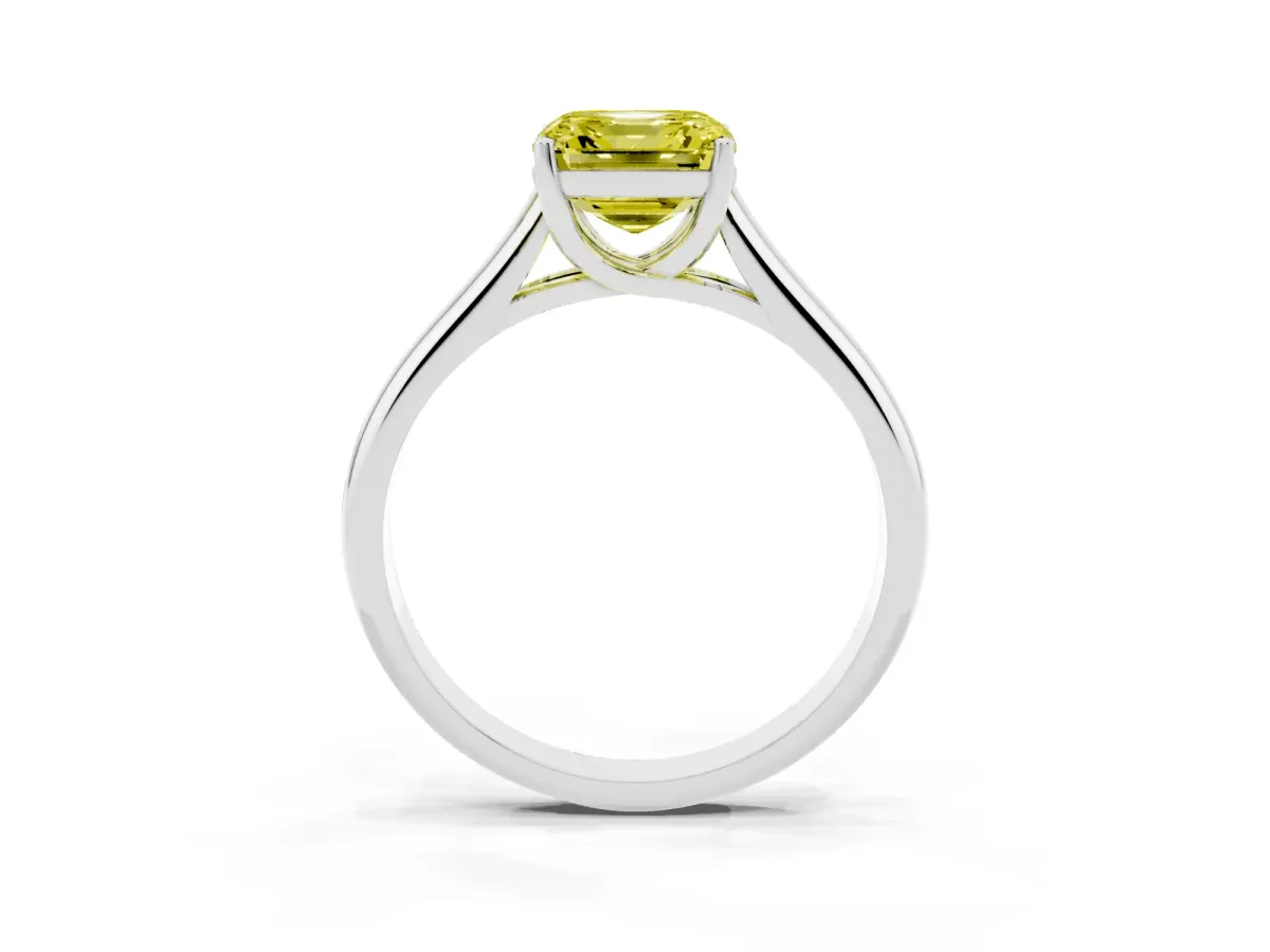 Fancy Yellow Asscher Cut Solitaire Engagement Ring with Tapered Band and Four-Prong Setting Platinum