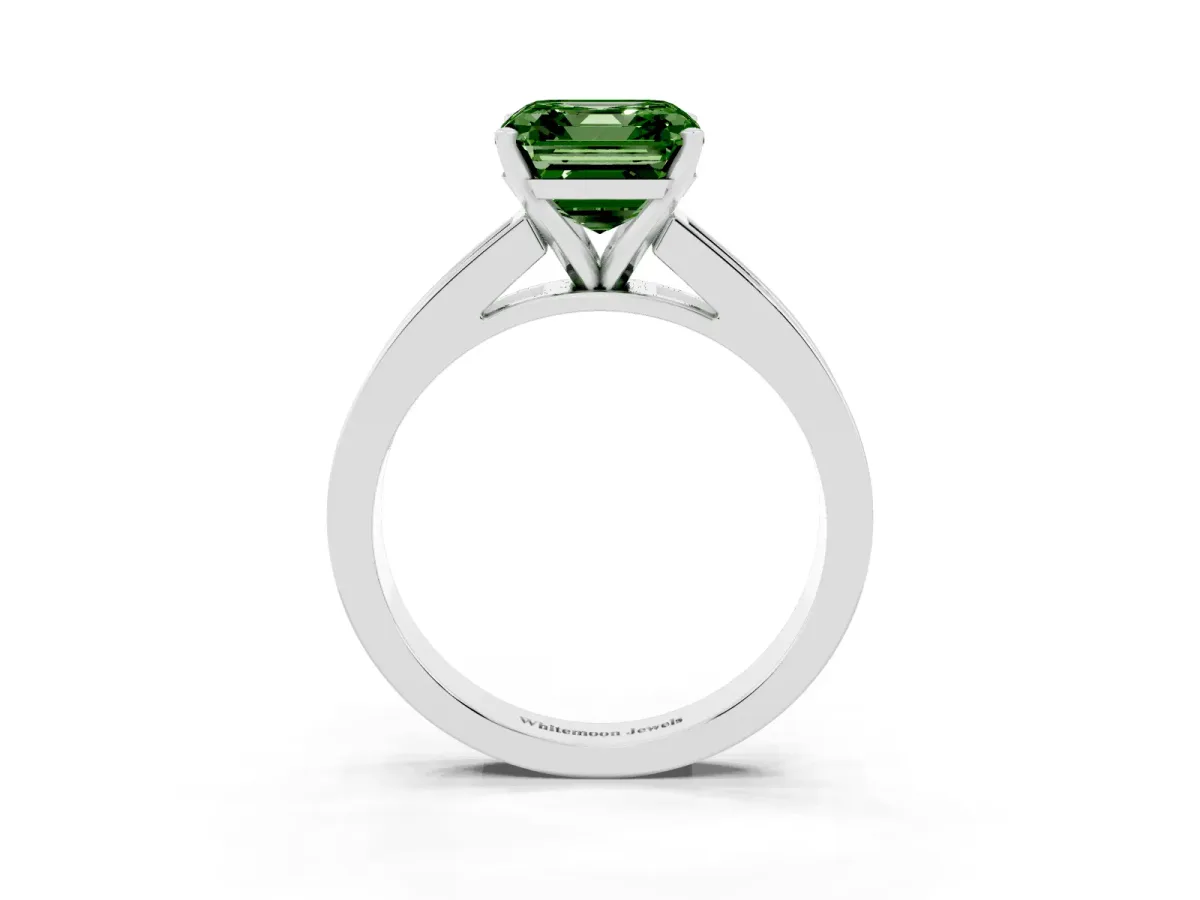 Fancy Green Asscher Cut Solitaire Diamond Ring with Channel-Set Band and Four-Prong Setting Silver