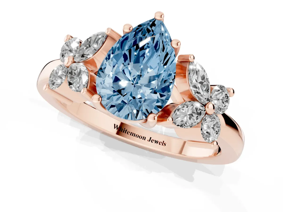 Fancy Blue Pear Cut Diamond Floral Cluster Ring with Solitaire Band and Prong Setting Rose gold