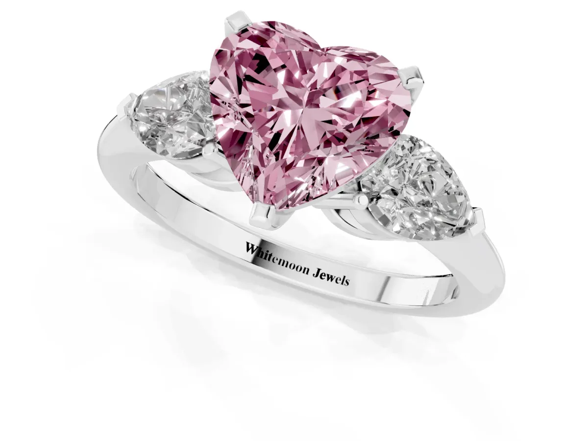 Fancy Pink Three-Stone Heart Cut Diamond Ring with Pear Side Stones and Four-Prong Setting Silver