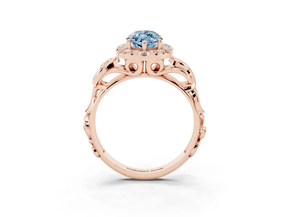 Fancy Blue Marquise Cut Cut Halo Diamond Ring with Scrollwork Band and Four-Prong Setting Rose gold