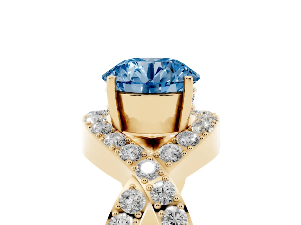 Fancy Blue Round Cut Solitaire Twist Band Pavé Diamond Engagement Ring Yellow gold