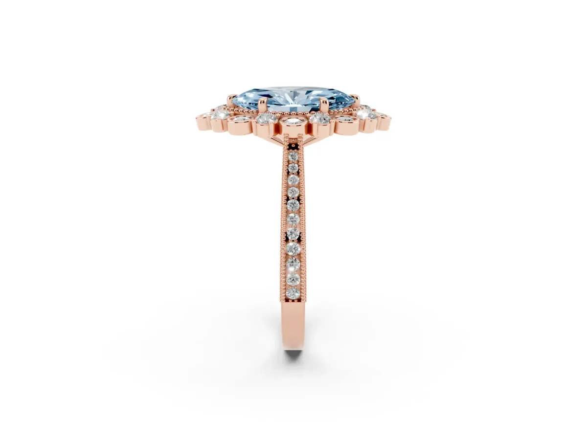Fancy Blue Marquise Cut Halo Milgrain Pave Diamond Ring with Four-Prong Setting Rose gold