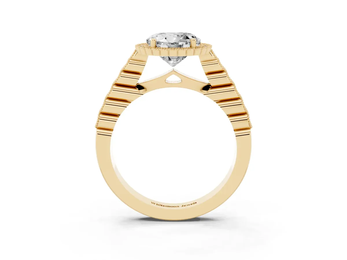 Round Cut Cut Halo Pavé Solitaire Ring with Milgrain Band Yellow gold