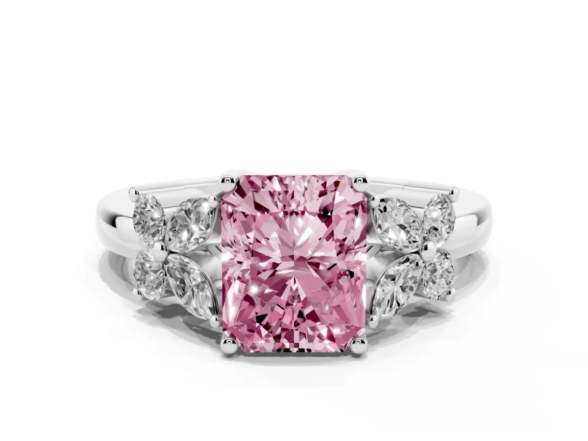 Fancy Pink Radiant Cut Diamond Floral Cluster Ring with Solitaire Band and Prong Setting Platinum