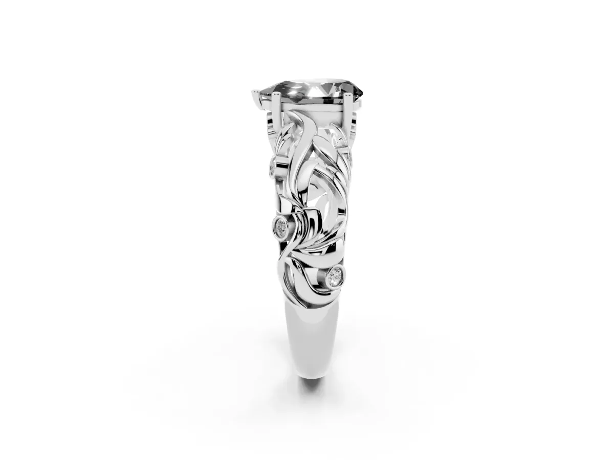 Fancy Black Pear Cut Solitaire Diamond Leaf-Inspired Vine Band Ring with Prong Setting White gold