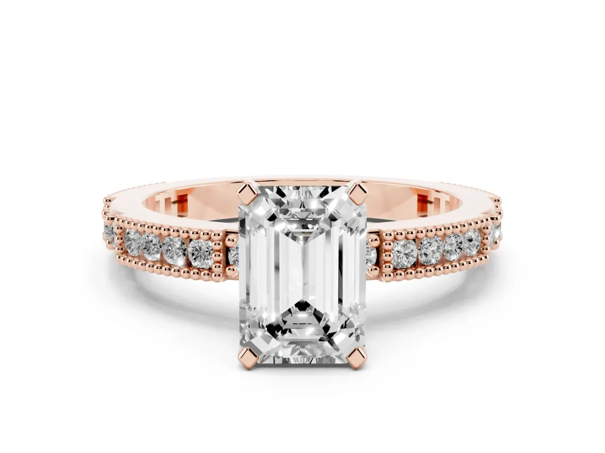 Emerald Cut Solitaire with Pavé Band and Four-Prong Setting Rose gold