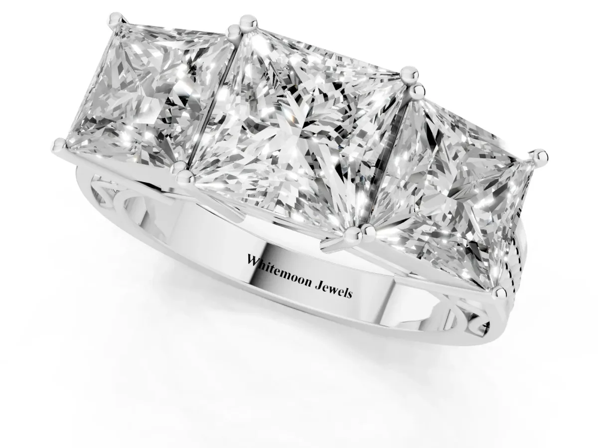 Princess Cut Diamond Three-Stone Ring with Prong Setting and Textured Band Silver