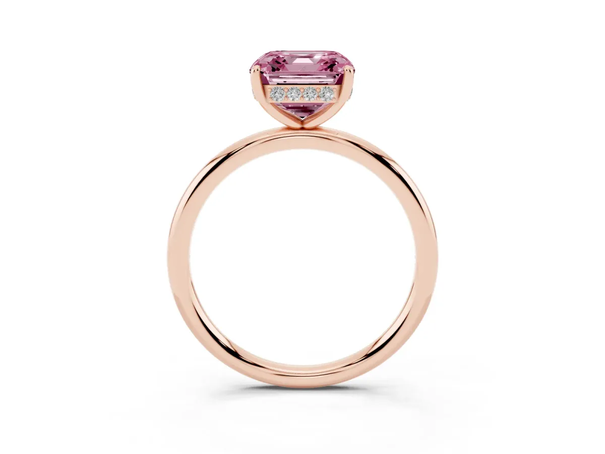 Fancy Pink Asscher Cut Solitaire Diamond Ring with a Classic Band and Four-Prong Setting Rose gold
