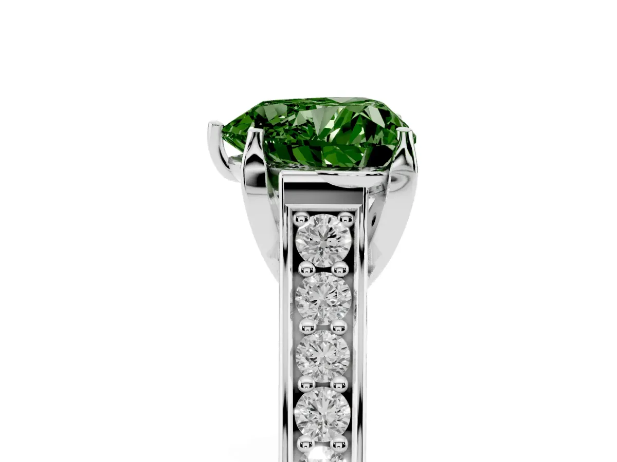Fancy Green Heart Cut Brilliant Cut Diamond Engagement Ring with Pavé Band and Four-Prong Setting Platinum