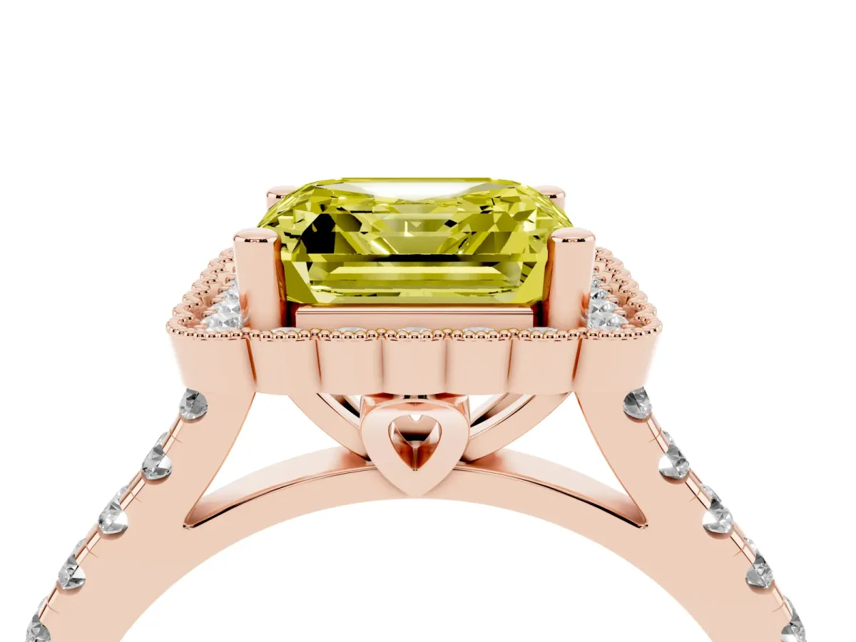 Fancy Yellow Asscher Cut Cut Diamond Milgrain Floral Halo Engagement Ring with Pavé Band Rose gold