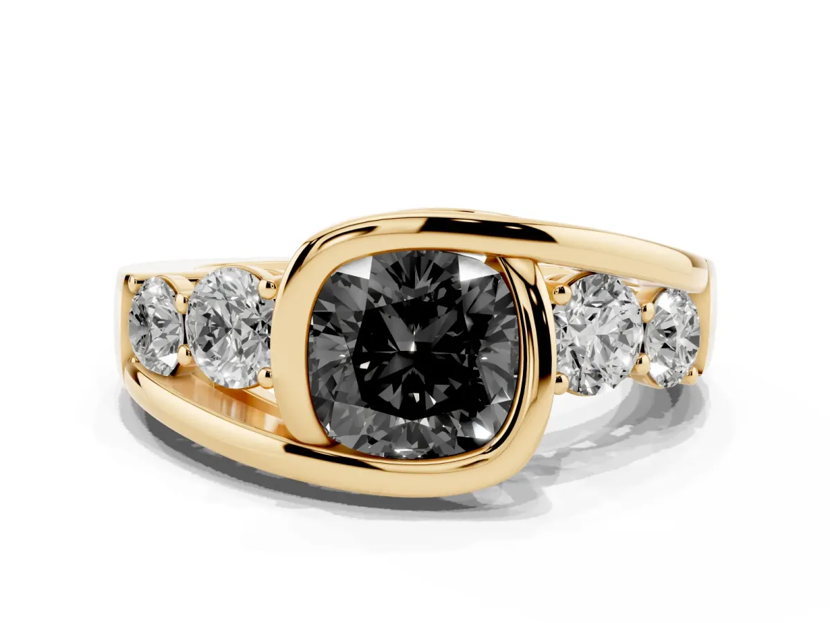 Fancy Black Bezel Set Cushion Cut Diamond Bypass Ring with Round Accents Yellow gold