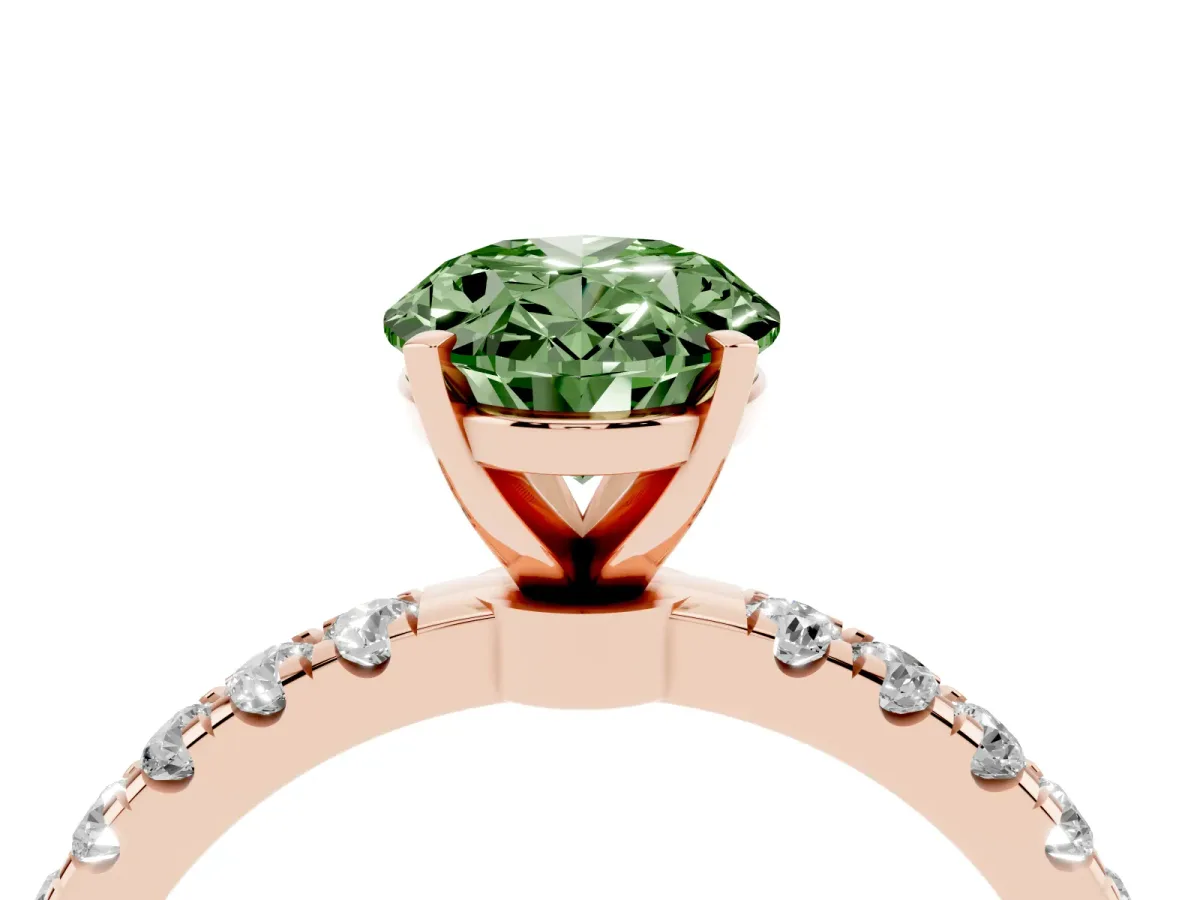 Fancy Green Oval Cut Diamond Solitaire Ring with Pavé Accents and Four-Prong Setting Rose gold