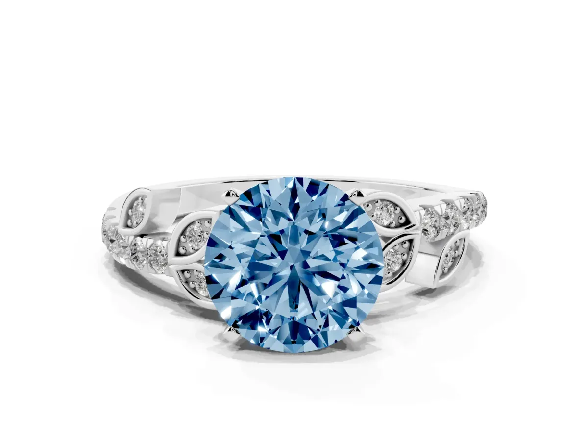 Fancy Blue Round Cut Solitaire Leaf-Inspired Diamond Ring with Pavé Band and Four-Prong Setting Silver