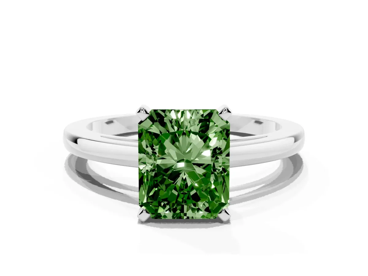 Fancy Green Radiant Cut Solitaire Diamond Engagement Ring with Four-Prong Setting on a Classic Band Silver