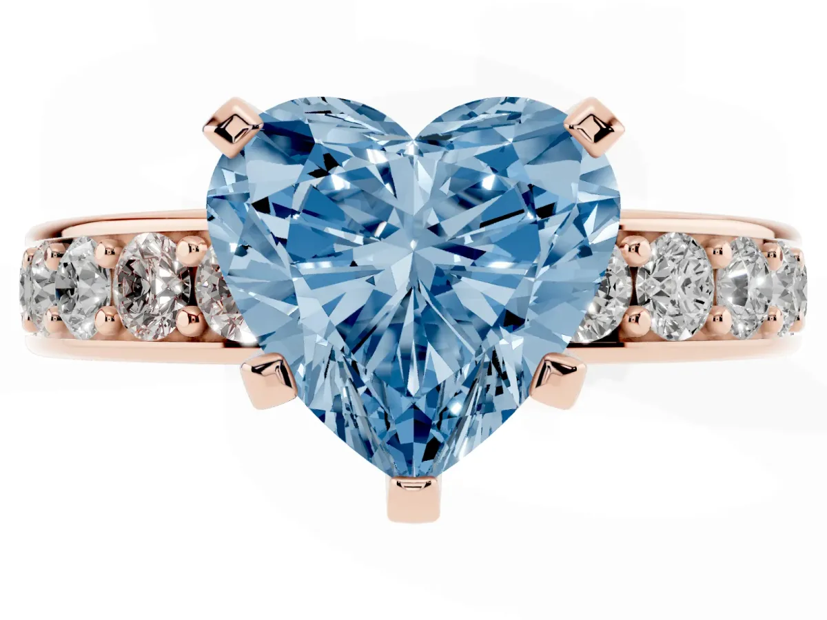 Fancy Blue Heart Cut Diamond Engagement Ring with Channel Set Round Band and Prong Setting Rose gold