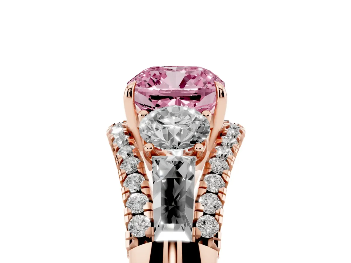 Fancy Pink Three-Stone Cushion Cut Diamond Engagement Ring with Pave Band and Prong Setting Rose gold
