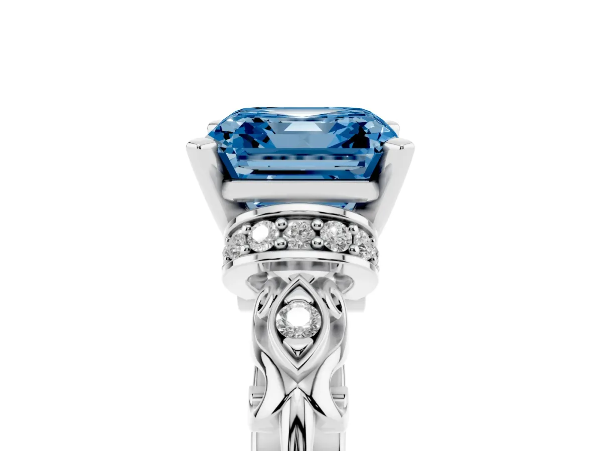 Fancy Blue Asscher Cut Diamond Solitaire Ring with Filigree Band and Four-Prong Setting Silver