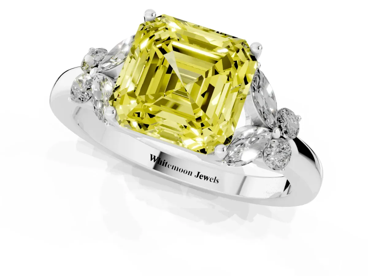 Fancy Yellow Asscher Cut Cut Solitaire Floral Diamond Ring with Four-Prong Setting Silver