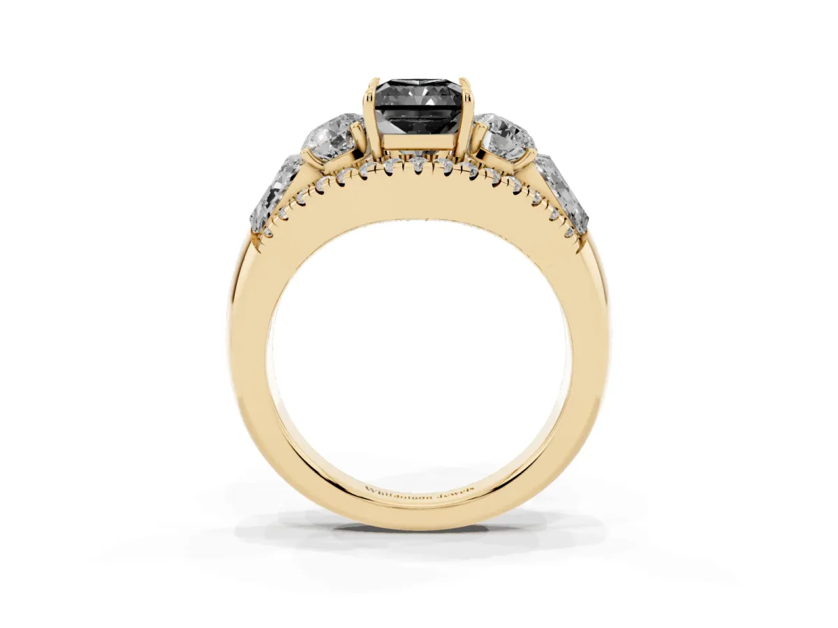 Fancy Black Three-Stone Radiant Cut Diamond Engagement Ring with Pave Band and Prong Setting Yellow gold