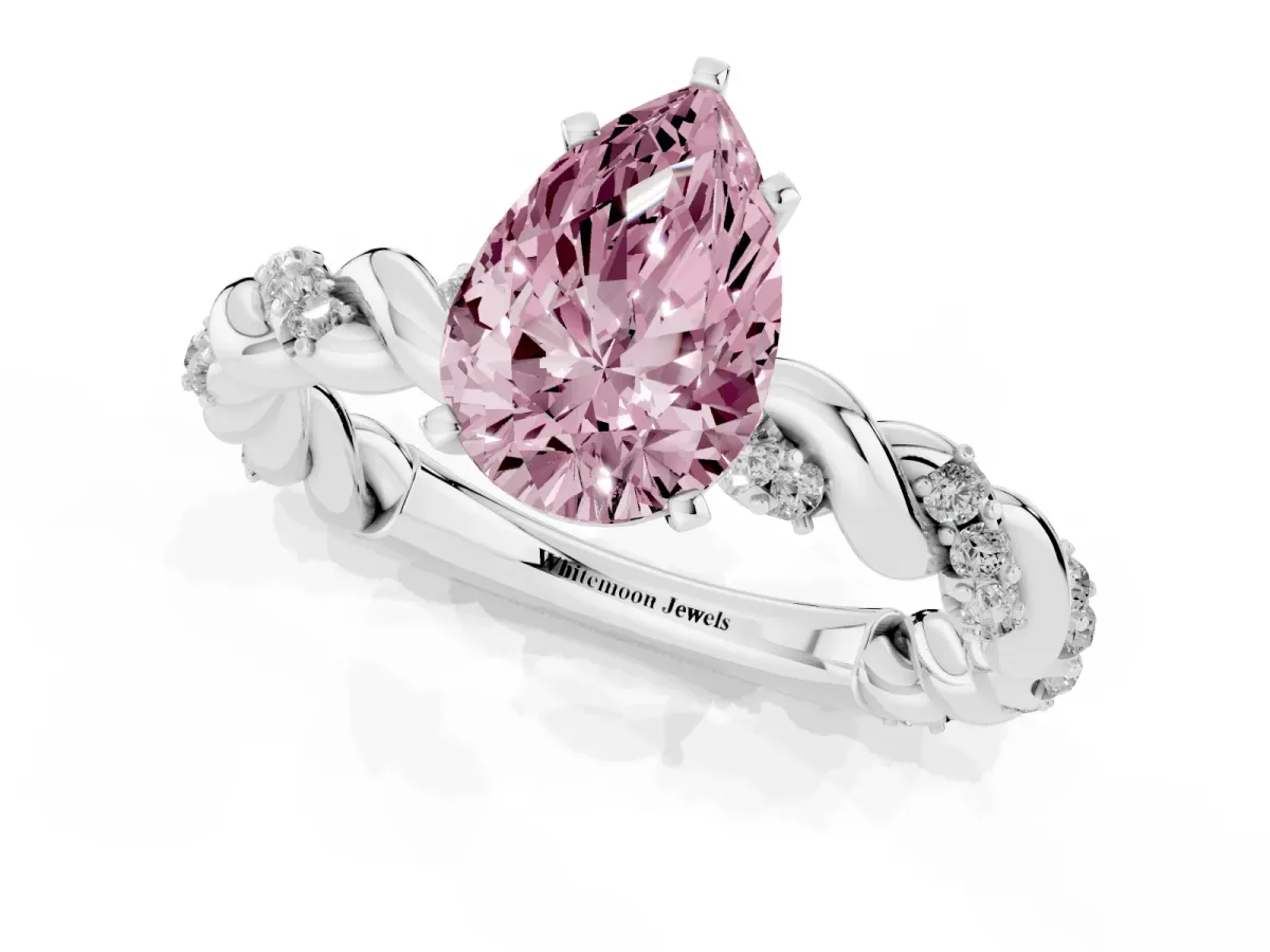 Fancy Pink Pear Cut Diamond Solitaire Ring with Twisted Band and Pavé Accents Platinum