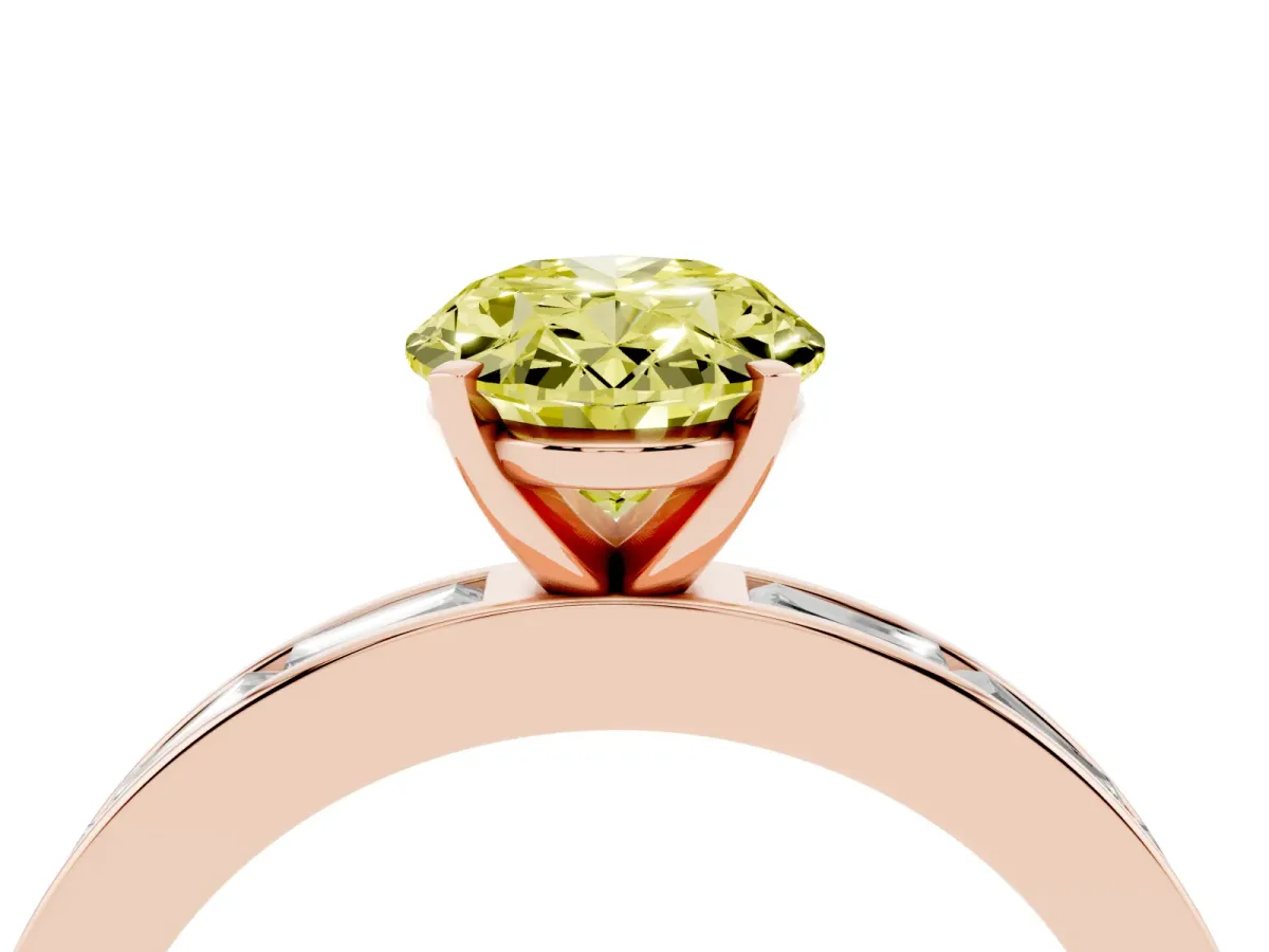 Fancy Yellow Oval Cut Solitaire Diamond Ring with Channel-Set Baguette Band and Four-Prong Setting Rose gold