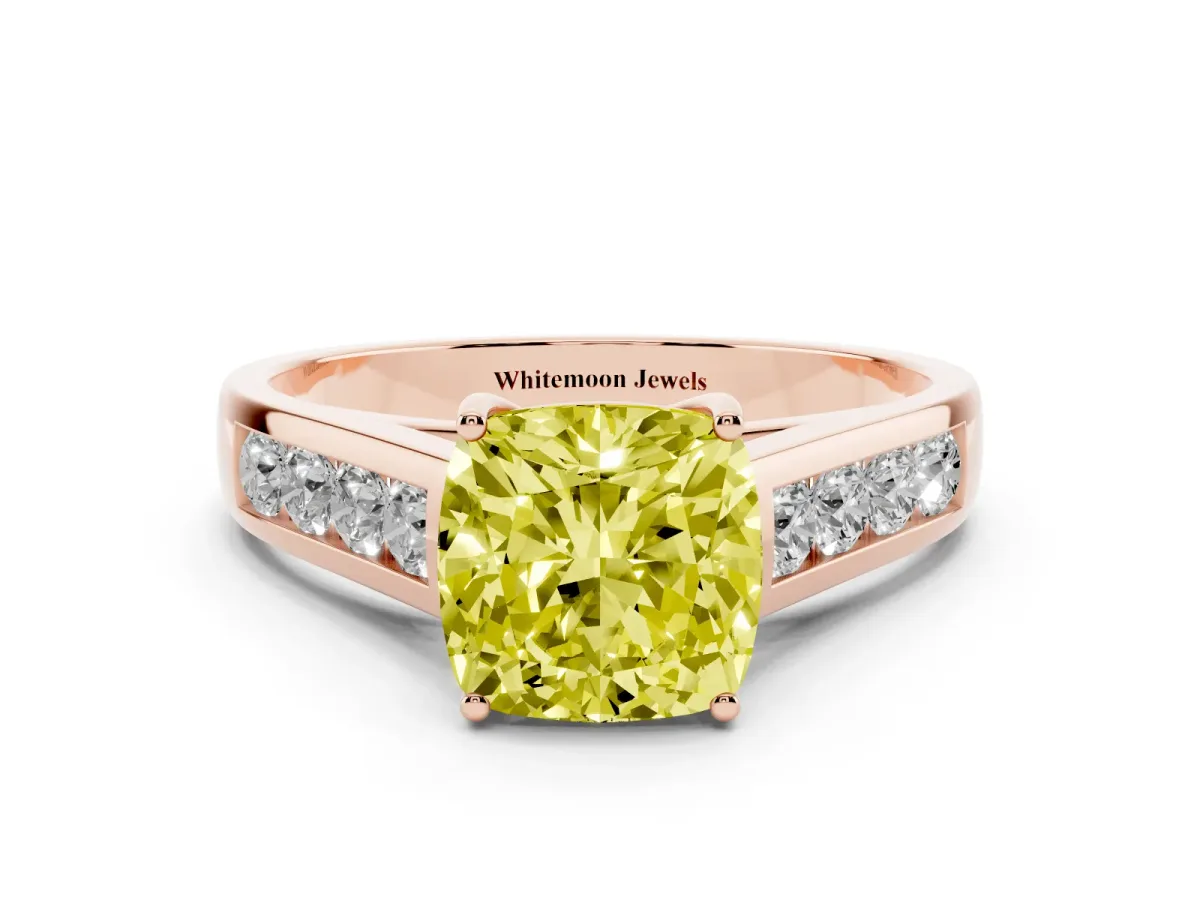 Fancy Yellow Cushion Cut Solitaire Channel-Set Diamond Engagement Ring with Four-Prong Setting Rose gold