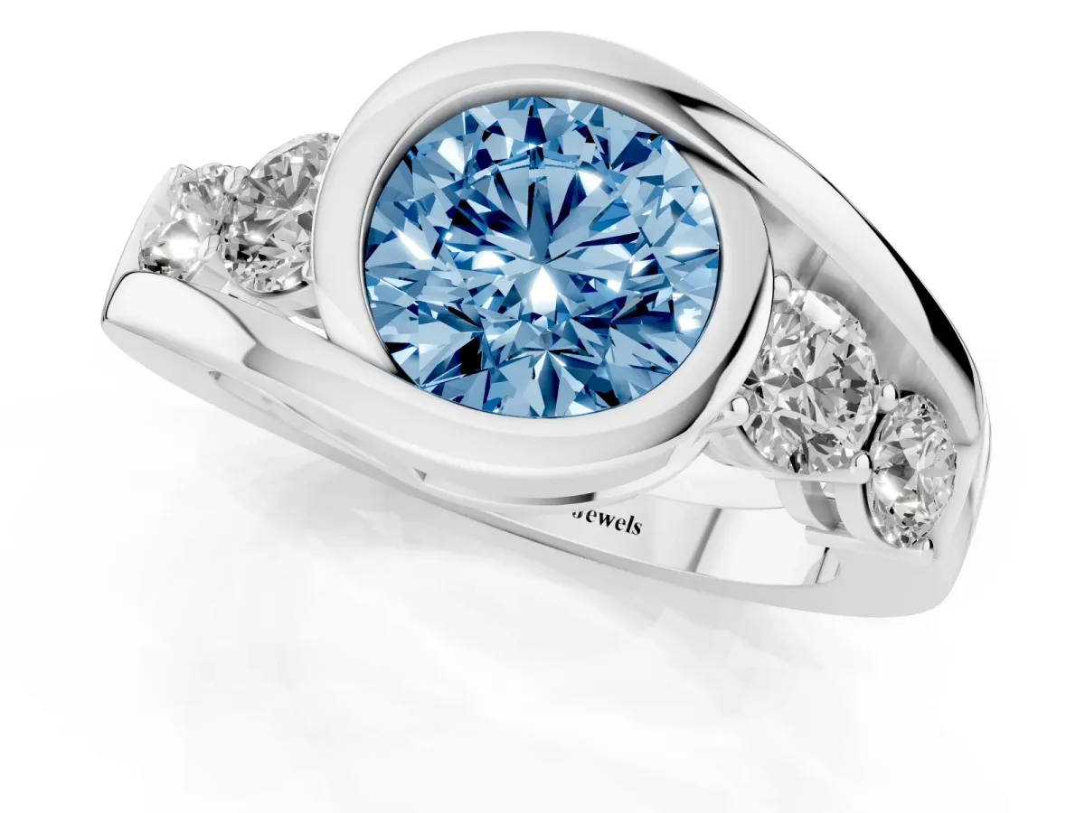 Fancy Blue Bezel Set Round Cut Diamond Bypass Ring with Round Accents Platinum