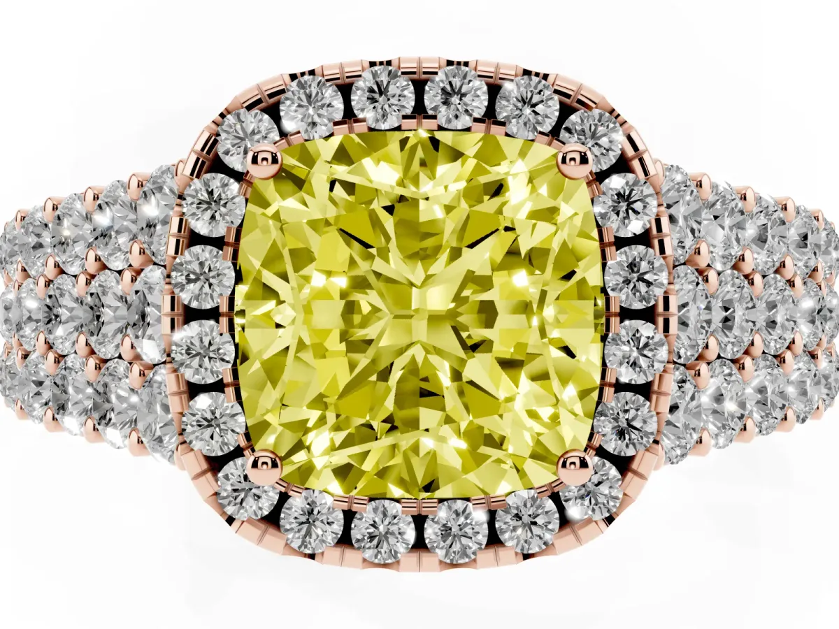 Fancy Yellow Cushion Cut Diamond Halo Engagement Ring with Triple Row Round Pavé Band and Prong Setting Rose gold