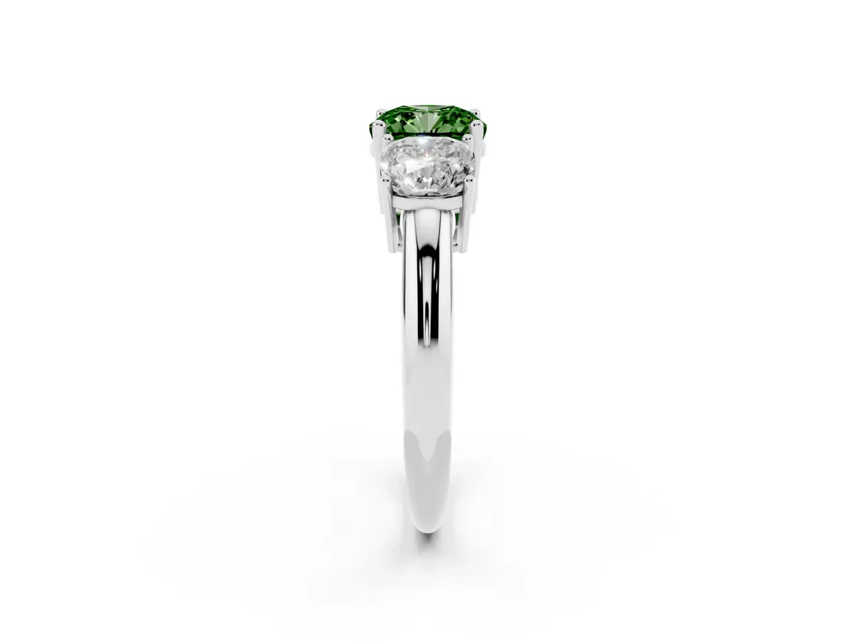 Fancy Green Three-Stone Cushion Cut Cut Diamond Engagement Ring with Prong Setting on a White Gold Band White gold