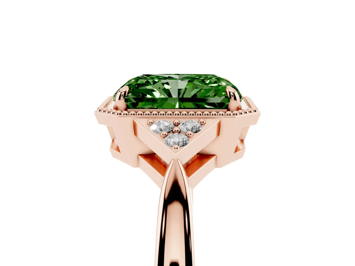 Fancy Green Hexagonal Halo Radiant Cut Diamond Solitaire with Pavé Band and Four-Prong Setting Rose gold