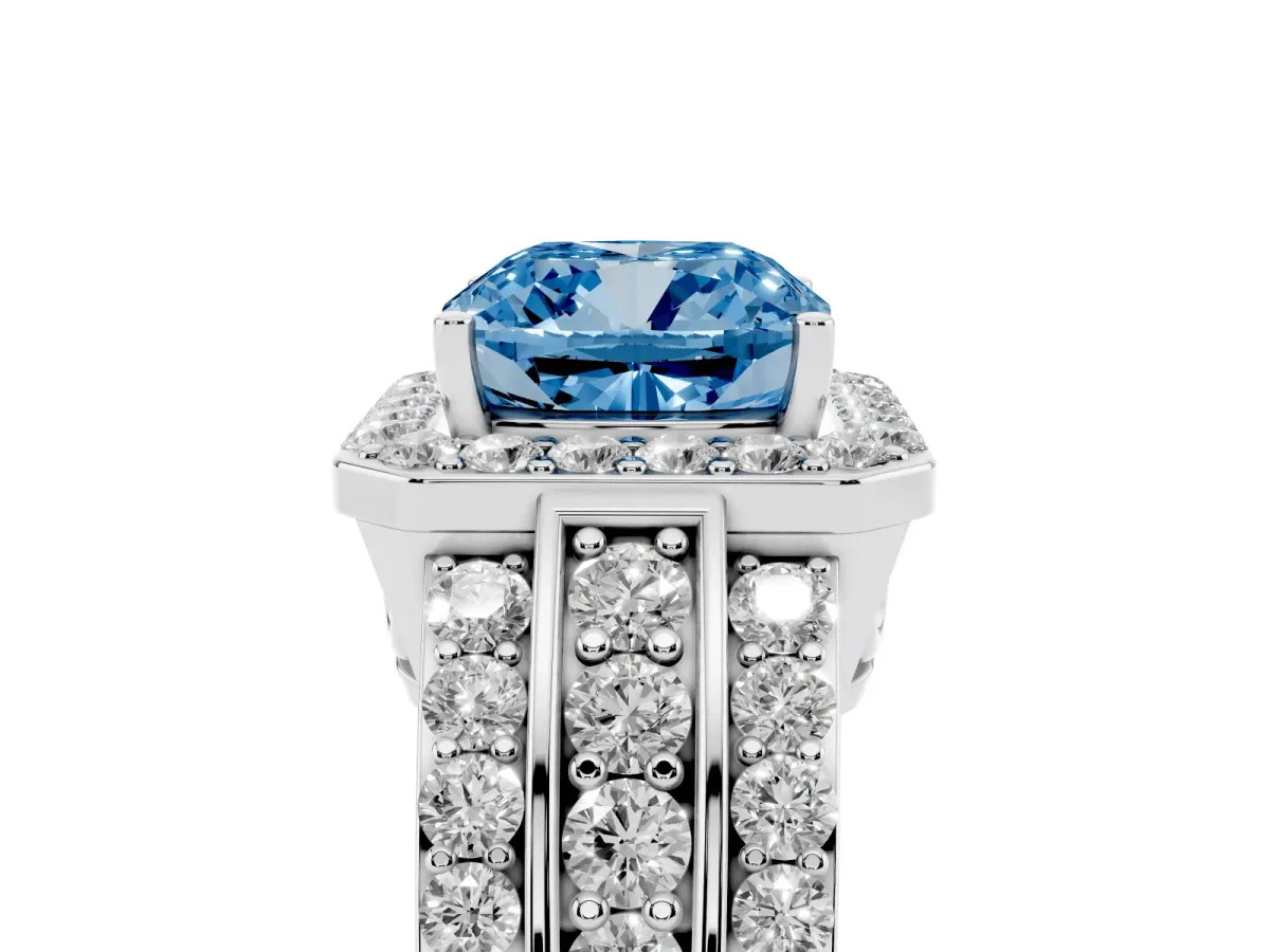 Fancy Blue Cushion Cut Halo Diamond Ring with Round Split Shank and Prong Setting Platinum
