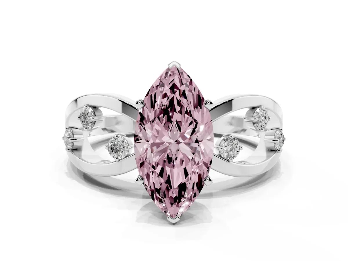 Fancy Pink Marquise Cut Cut Solitaire Diamond with Side Stones on Criss-Cross Band and Four-Prong Setting Platinum