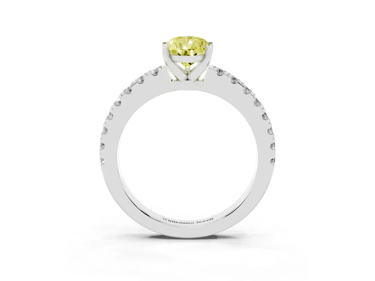 Fancy Yellow Pear Cut Solitaire Diamond with Pavé Band and Four-Prong Setting Silver