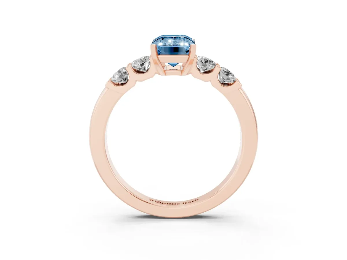 Fancy Blue Emerald Cut Brilliant Cut Diamond Five-Stone Prong Set Engagement Ring with Channel Band Rose gold