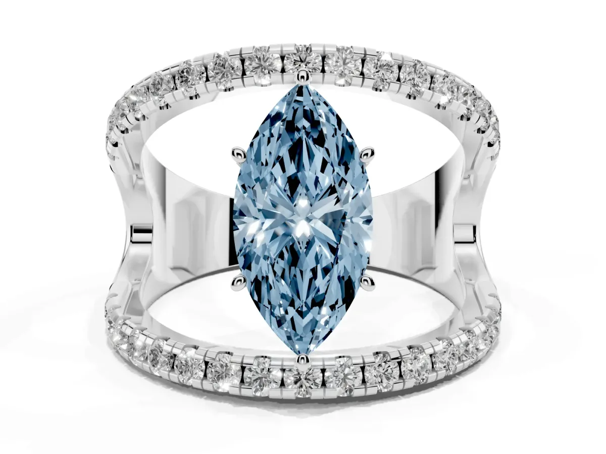 Fancy Blue Marquise Cut Solitaire Split Shank Pave Diamond Ring Silver
